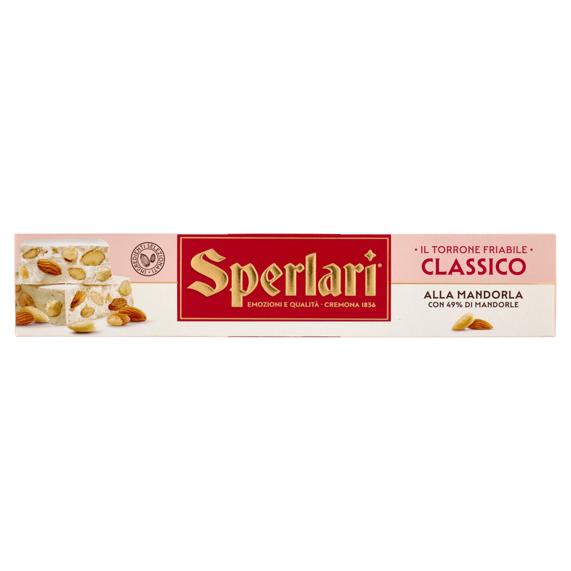 Sperlari Classico almond torrone 150g, pink, cream and red box of hard Italian nougat with 49% almonds