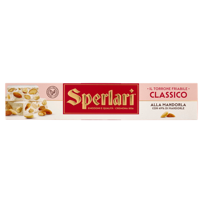 Sperlari Classico almond torrone 150g, pink, cream and red box of hard Italian nougat with 49% almonds