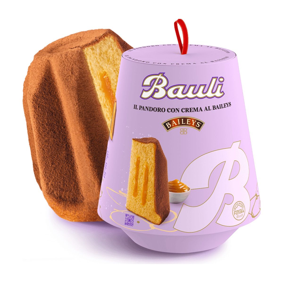 Bauli Baileys cream pandoro 750g, cake beside its lilac gift packaging