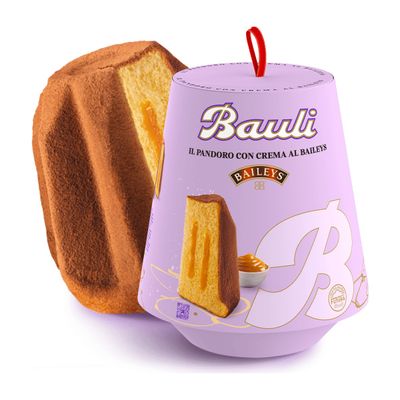 Bauli Baileys cream pandoro 750g, cake beside its lilac gift packaging