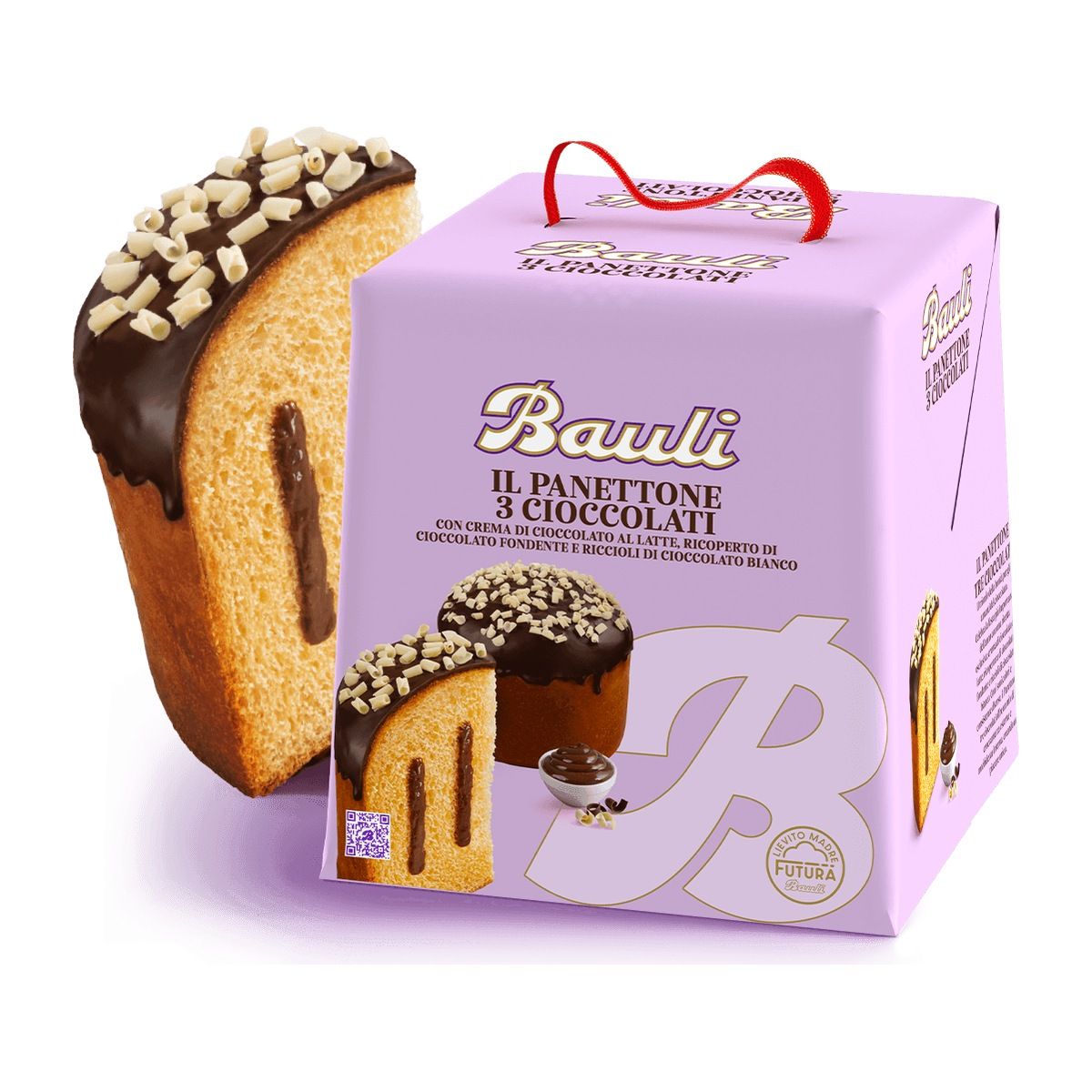 Bauli Three Chocolate Panettone 750g, cake and original Bauli packaging