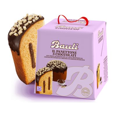 Bauli Three Chocolate Panettone 750g, cake and original Bauli packaging