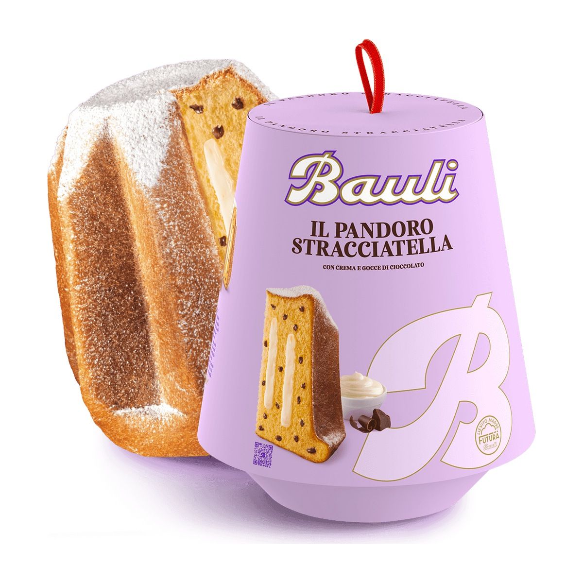 Bauli Stracciatella Pandoro 750g, cake and original Bauli packaging