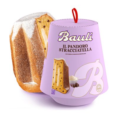 Bauli Stracciatella Pandoro 750g, cake and original Bauli packaging