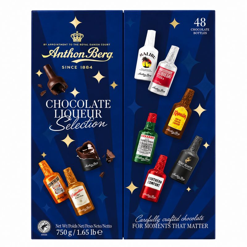 Anthon Berg Chocolate Liqueur Selection 750g blue gift box containing 48 chocolate bottles on a white background