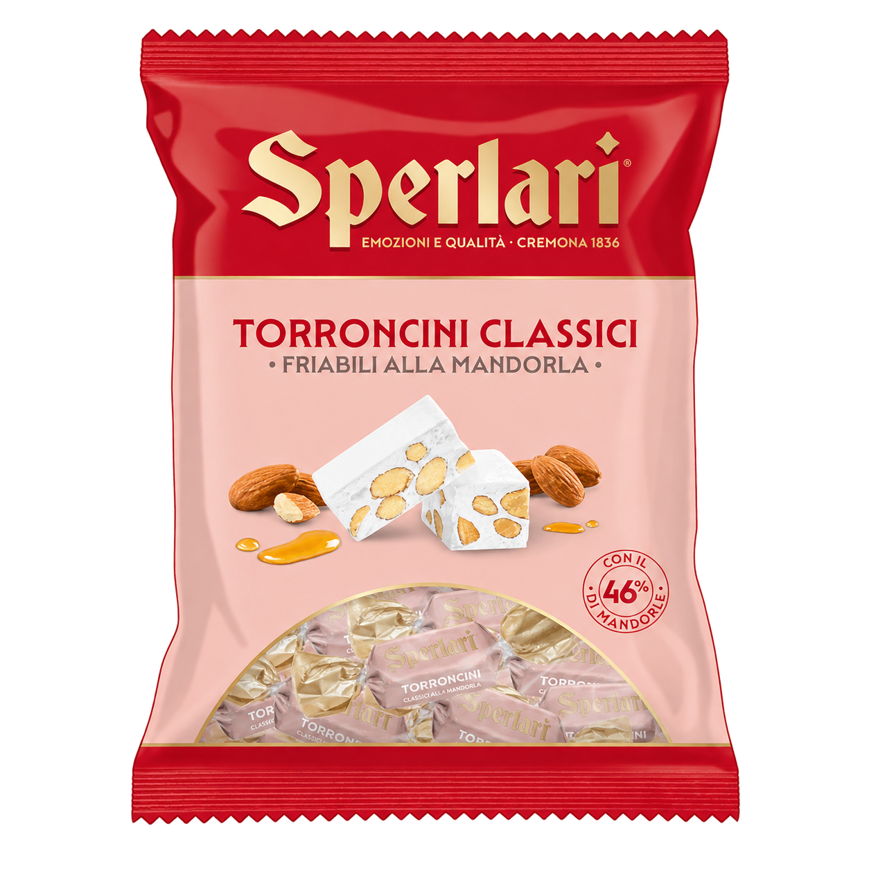 Sperlari Torroncini Classici hard almond nougat 117g in a red and peach bag with 46% almonds