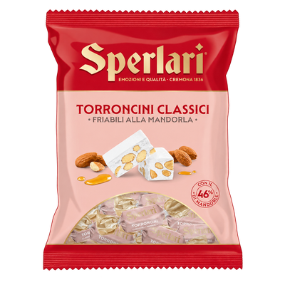 Sperlari Torroncini Classici hard almond nougat 117g in a red and peach bag with 46% almonds