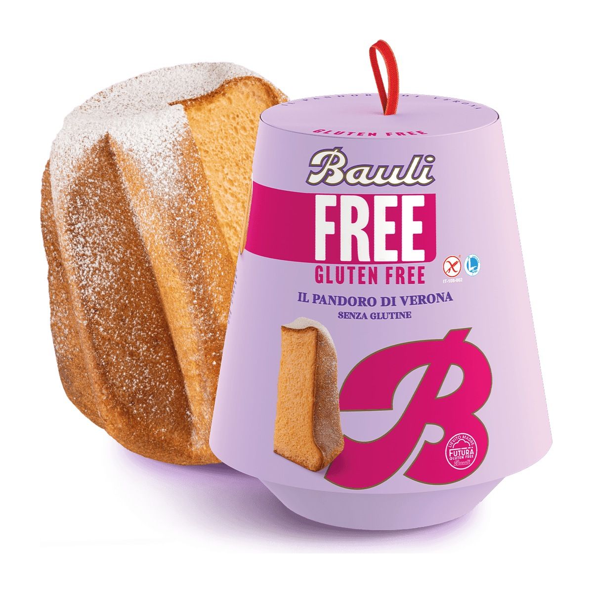 Bauli Gluten Free Pandoro 500g, cake and original Bauli packaging