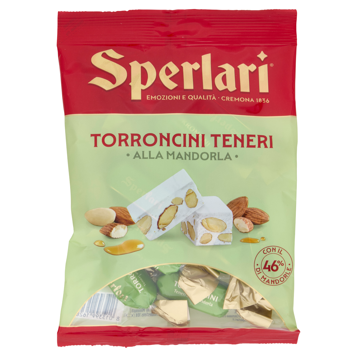 Sperlari Torroncini Teneri soft almond nougat 117g in a red and pale green bag with 46% almonds