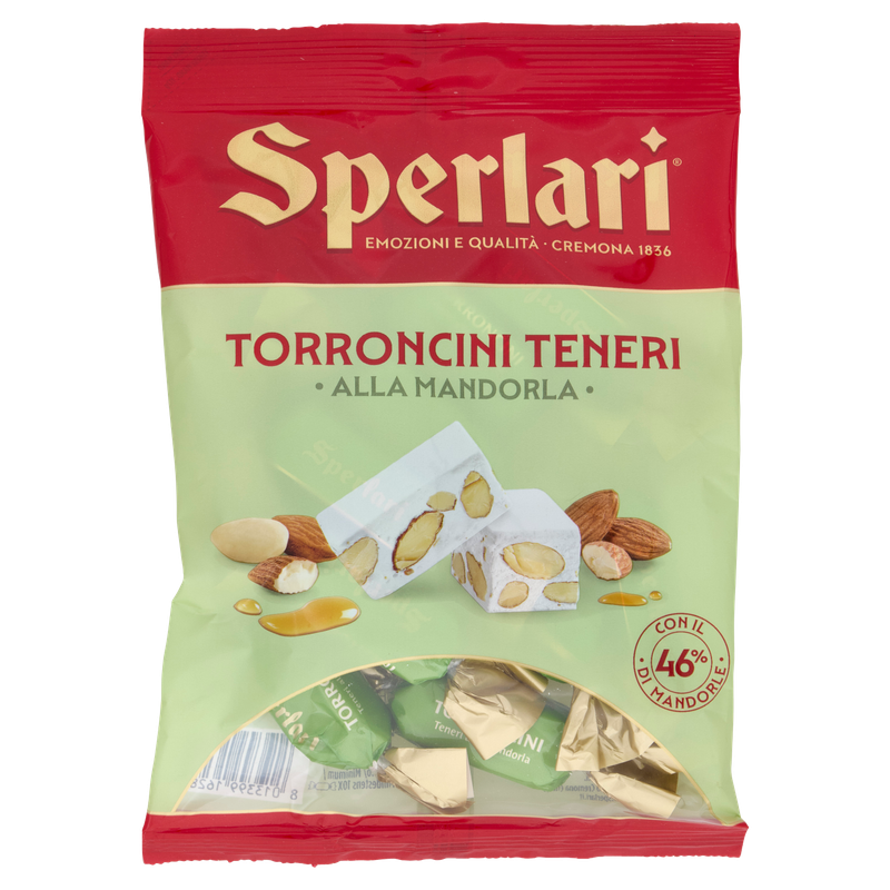 Sperlari Torroncini Teneri soft almond nougat 117g in a red and pale green bag with 46% almonds