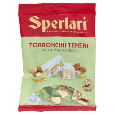 Sperlari Torroncini Teneri soft almond nougat 117g in a red and pale green bag with 46% almonds