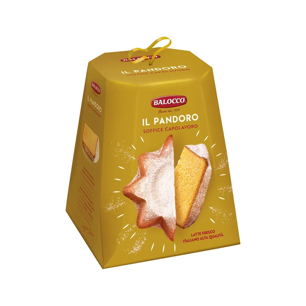 Balocco Il Pandoro 750g in a gold gift box with a ribbon handle and a picture of icing-sugar-dusted pandoro