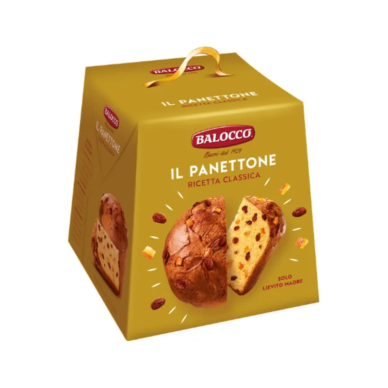 Balocco Il Panettone Classico 750g in a gold gift box with a ribbon handle and a picture of sliced panettone