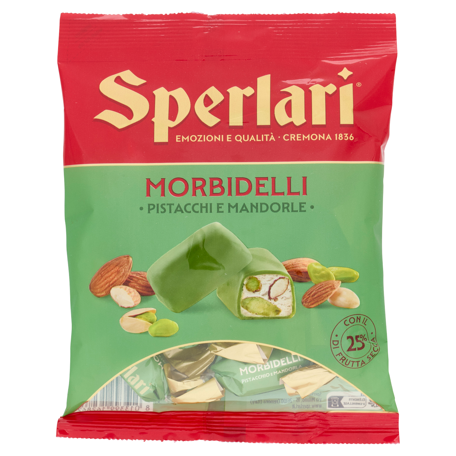 Sperlari Morbidelli pistachio and almond soft nougat 117g in a red and green bag with individually wrapped pieces