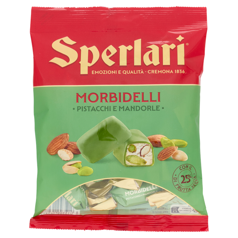 Sperlari Morbidelli pistachio and almond soft nougat 117g in a red and green bag with individually wrapped pieces