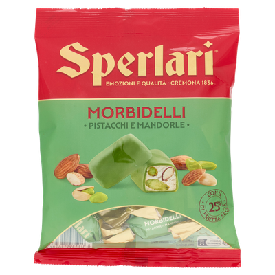 Sperlari Morbidelli pistachio and almond soft nougat 117g in a red and green bag with individually wrapped pieces