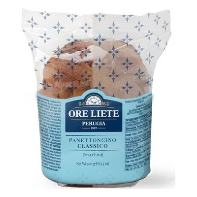 Ore Liete Panettoncino 100g mini Panettone in turquoise and clear cellophane wrapping