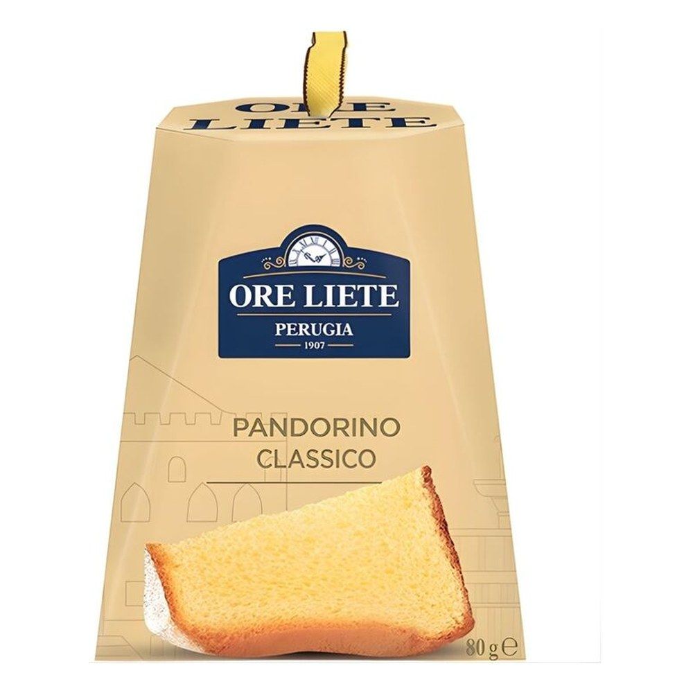 Ore Liete Pandorino 80g mini Pandoro in a gold gift box with yellow handle