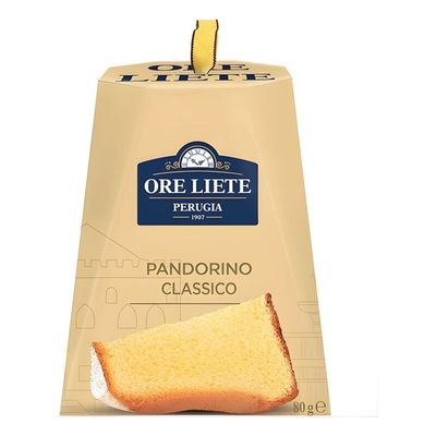 Ore Liete Pandorino 80g mini Pandoro in a gold gift box with yellow handle