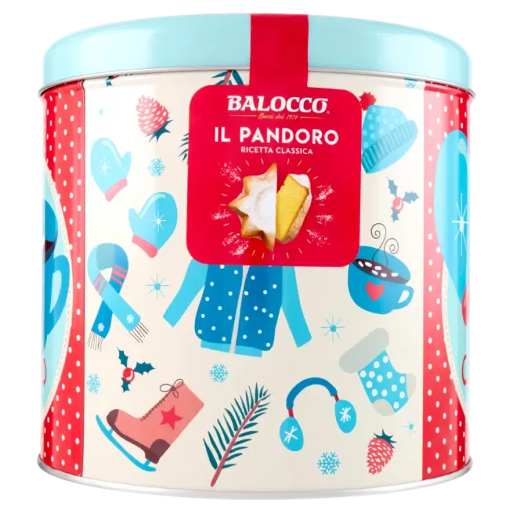 Balocco Pandoro 750g in a turquoise Christmas gift tin with red ribbon