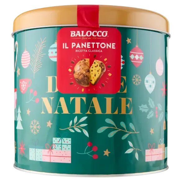 Balocco traditional Panettone 750g in a green Christmas gift tin with gold lid