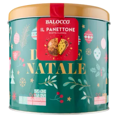 Balocco Panettone in Tin – 750g Balocco traditional Panettone 750g in a green Christmas gift tin with gold lid