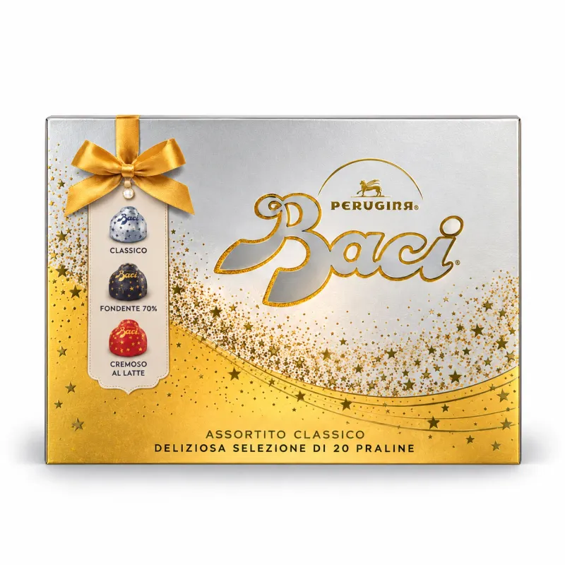 Baci Perugina Assortito Classico 250g gift box with 20 chocolates in silver and gold Christmas packaging.