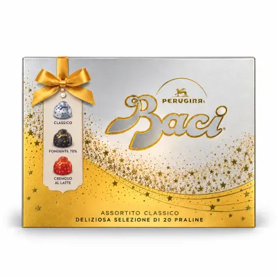 Baci Assortito Classico Chocolate Gift Box – 250g (20pcs) Baci Perugina Assortito Classico 250g gift box with 20 chocolates in silver and gold Christmas packaging.