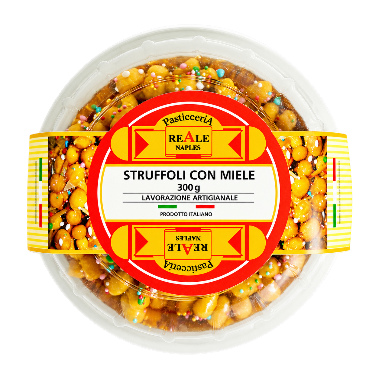 Reale Struffoli con Miele 300g tray of honey-coated pastry bites with colourful sprinkles and a red and yellow label