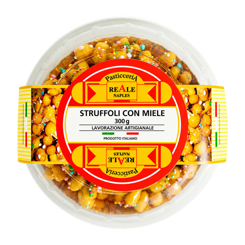 Reale Struffoli con Miele 300g tray of honey-coated pastry bites with colourful sprinkles and a red and yellow label