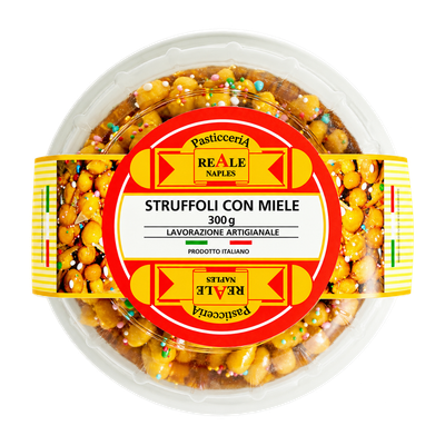 Reale Struffoli con Miele 300g tray of honey-coated pastry bites with colourful sprinkles and a red and yellow label