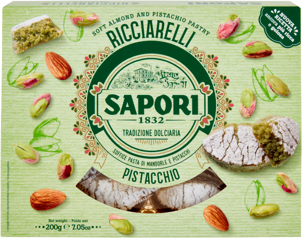 Sapori Ricciarelli Pistacchio 200g soft pistachio pastries in a green presentation box