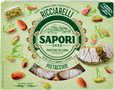 Sapori Ricciarelli Pistacchio 200g soft pistachio pastries in a green presentation box