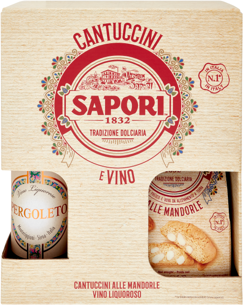 Sapori gift box with cantucci almond biscuits and a bottle of vino liquoroso dessert wine