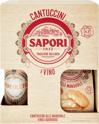 Sapori gift box with cantucci almond biscuits and a bottle of vino liquoroso dessert wine