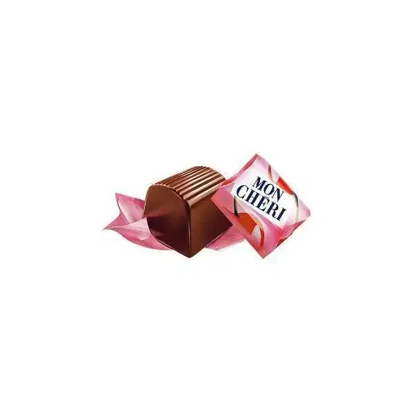 Ferrero Mon Chéri dark chocolate with cherry centre beside its individual wrapper
