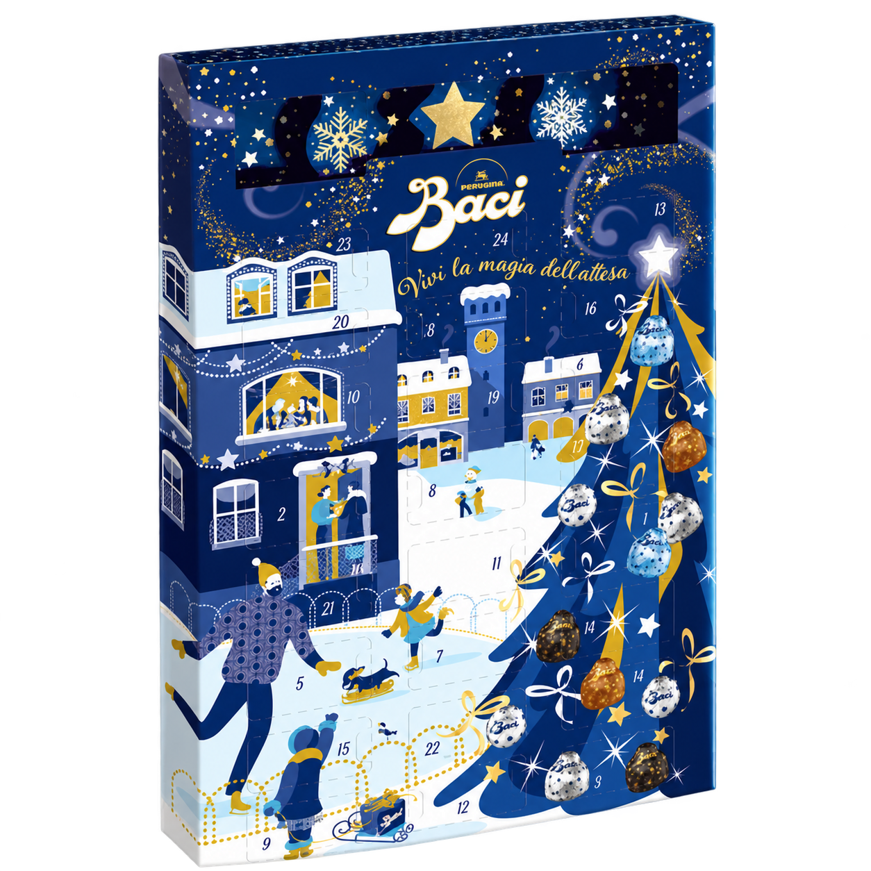 Baci Perugina 278g advent calendar with 24 chocolates, blue and gold Christmas tree and snowy village artwork
