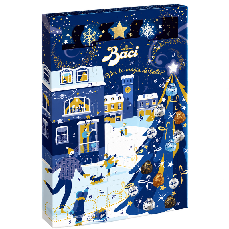 Baci Perugina 278g advent calendar with 24 chocolates, blue and gold Christmas tree and snowy village artwork