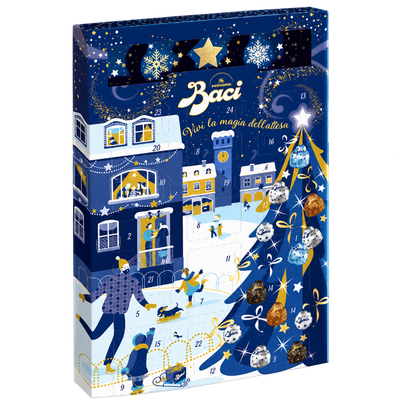 Baci Perugina 278g advent calendar with 24 chocolates, blue and gold Christmas tree and snowy village artwork