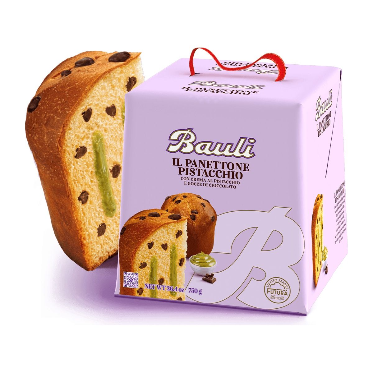 Bauli pistachio cream panettone 750g with chocolate chips, cake and lilac gift box
