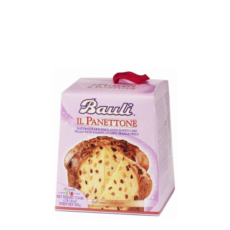 Bauli Panettone 500g in a lilac gift box with a red handle and a picture of the fruit-filled cake.