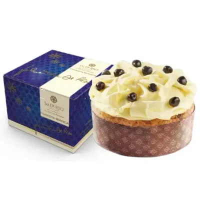 Sal De Riso Foresta Bianca panettone 500g with white topping and dark cherries beside its gift box