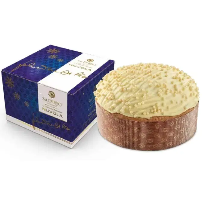 Sal De Riso Nuvola panettone 500g with pale crumb topping beside its blue gift box