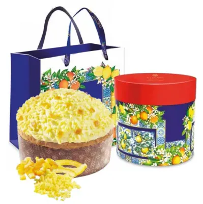 Sal De Riso Sogno Amalfitano panettone 1kg with its colourful decorative tin and matching gift bag