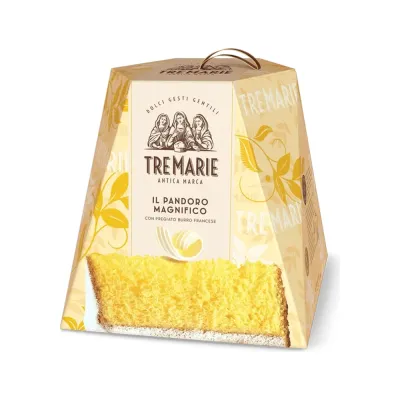 Tre Marie Pandoro Magnifico – Italian Christmas Cake 1kg Tre Marie Pandoro Magnifico 1kg Italian Christmas cake in a cream and gold gift box