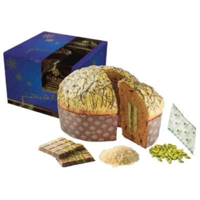 Sal De Riso Pandorato al Dubai Chocolate 1kg, sliced to show its pistachio filling, beside its gift box