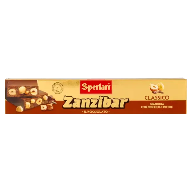 Sperlari Zanzibar Classico gianduia chocolate and whole hazelnut torrone 150g in a gold and brown box