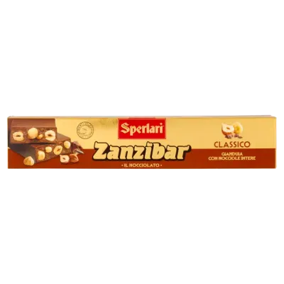Sperlari Zanzibar Classico gianduia chocolate and whole hazelnut torrone 150g in a gold and brown box