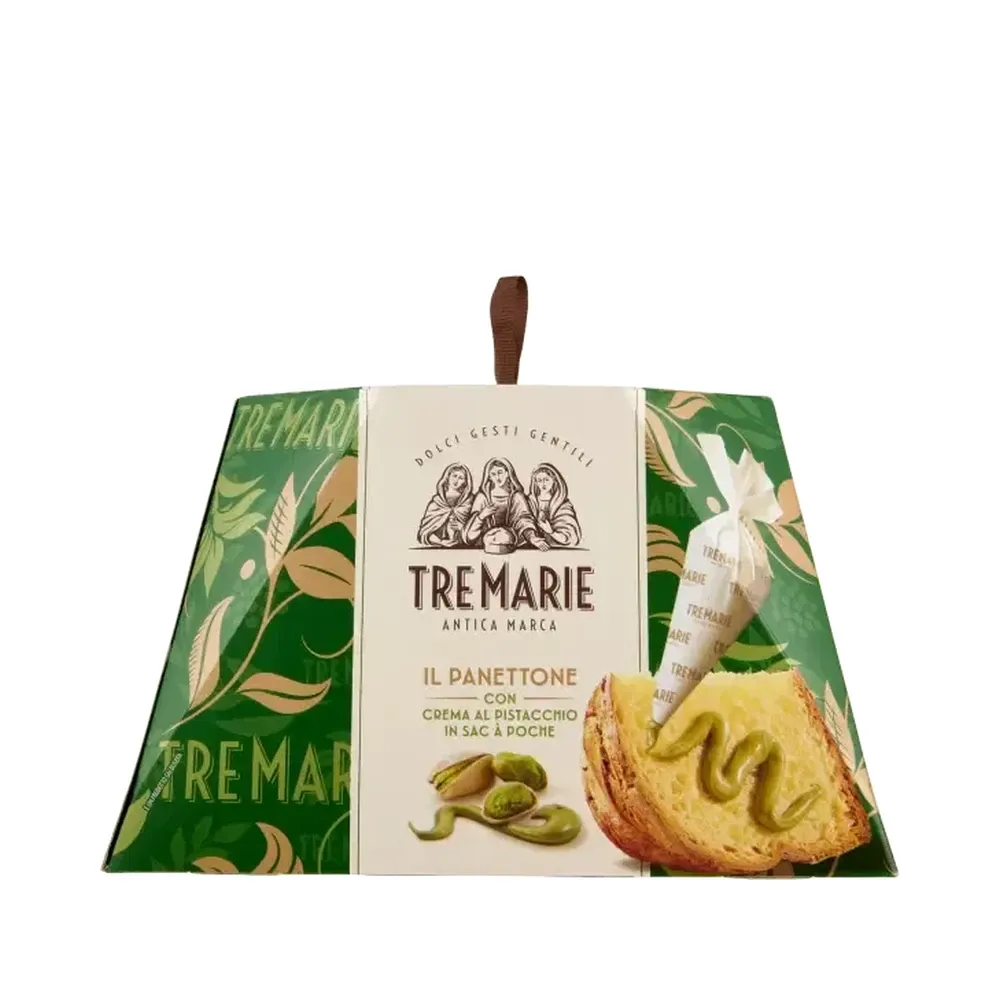 Tre Marie pistachio panettone 950g in a green and cream floral gift box with a brown ribbon handle