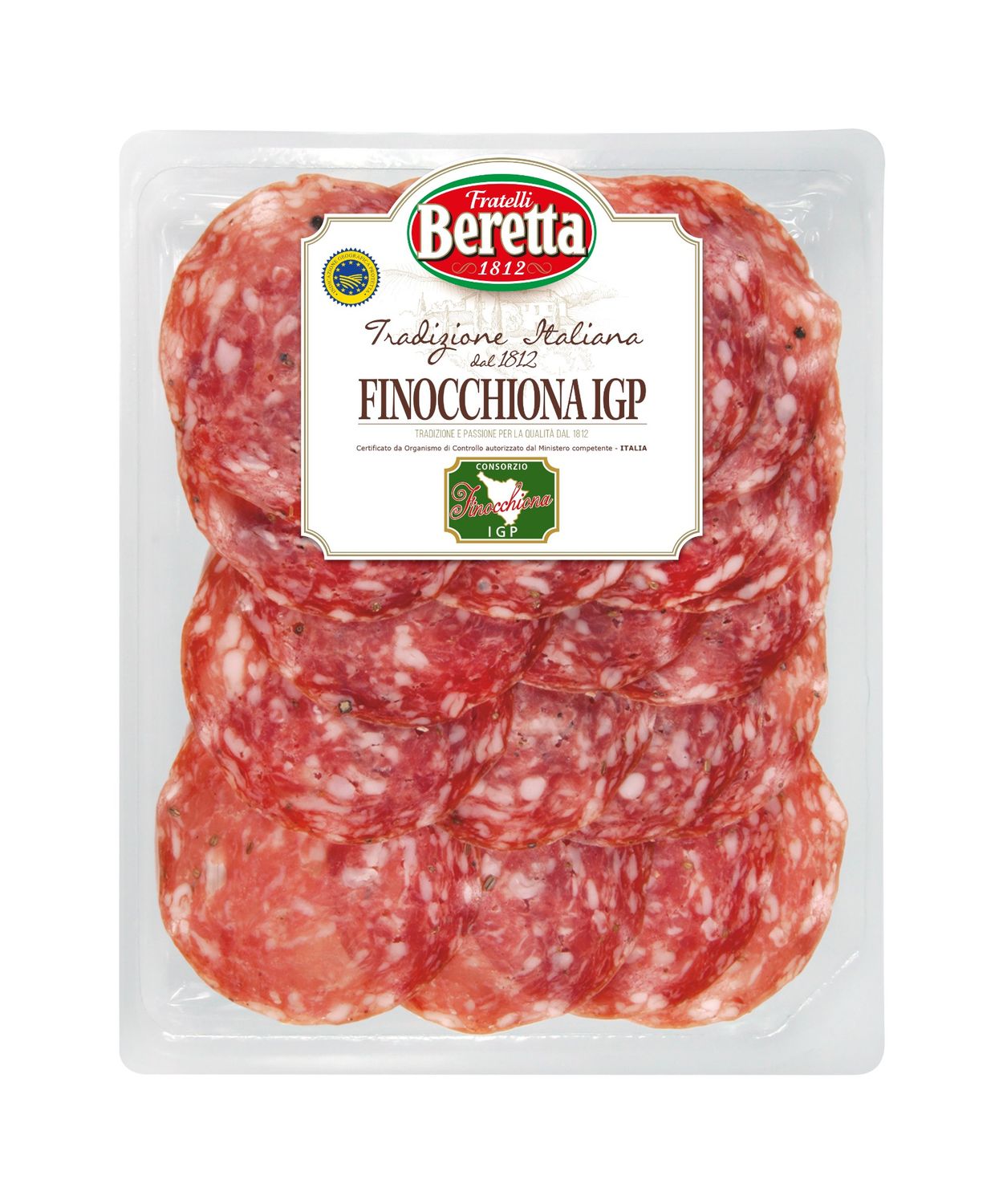 Beretta Finocchiona IGP 100g sliced fennel salami in a white tray with the Beretta label and IGP seal